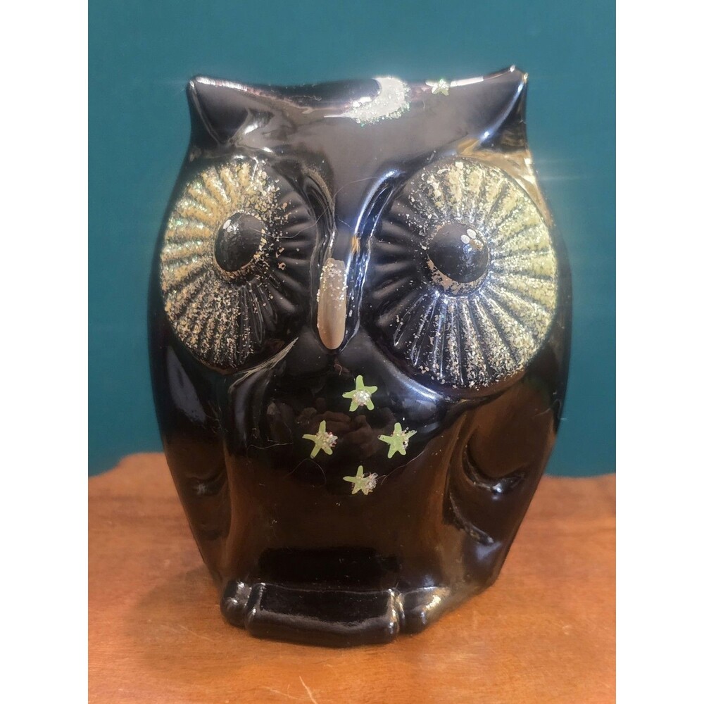 Fenton Nighttime "Hooty" Owl Figurine Black Onyx Art Glass Hand Painted 3"x2"x2"